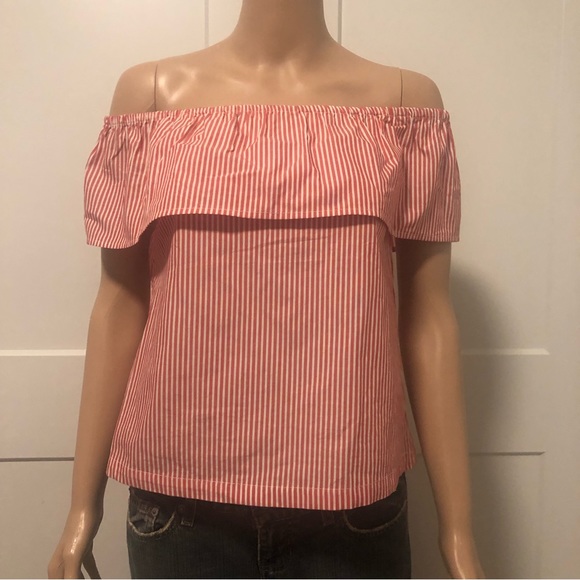 H&M Divided Red White Stripes Cropped Off Shoulder Cotton Top Shirt XS 4 34